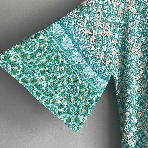 Chico's Open Front Cardigan Size 2 Large Green Colorful Coastal Beachy Artsy - Picture 3 of 12